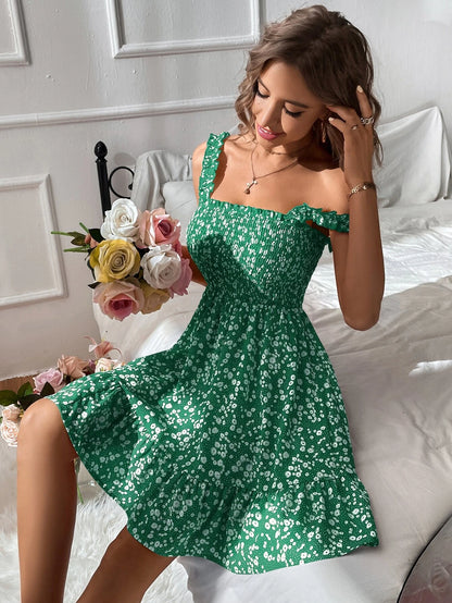 WEDDLE Redtiereddress Ditsy Floral Print Shirred Frill Trim Cami Dress