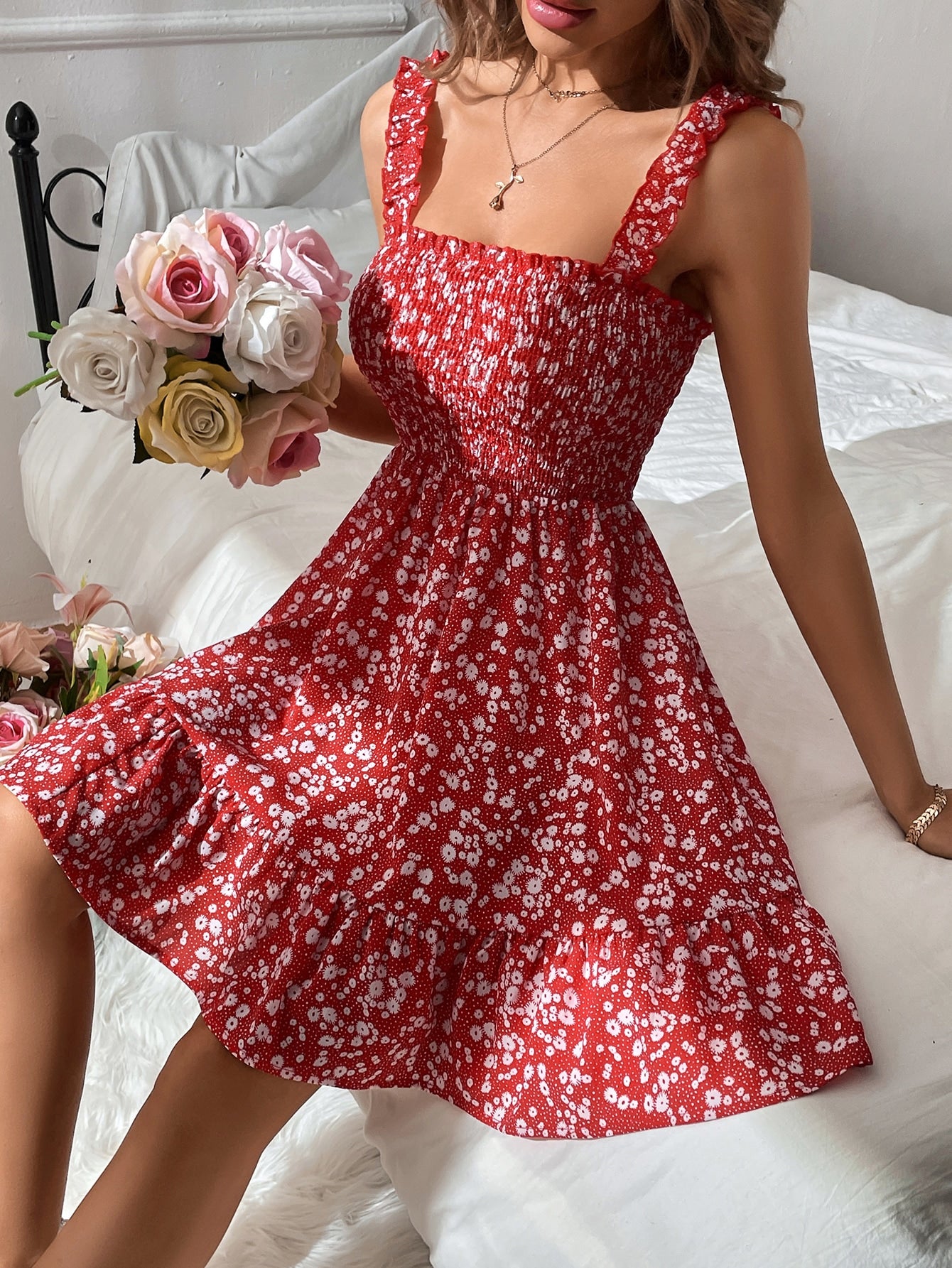 Ditsy Floral Print Shirred Frill Trim Cami Dress