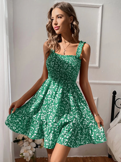 WEDDLE Redtiereddress Ditsy Floral Print Shirred Frill Trim Cami Dress