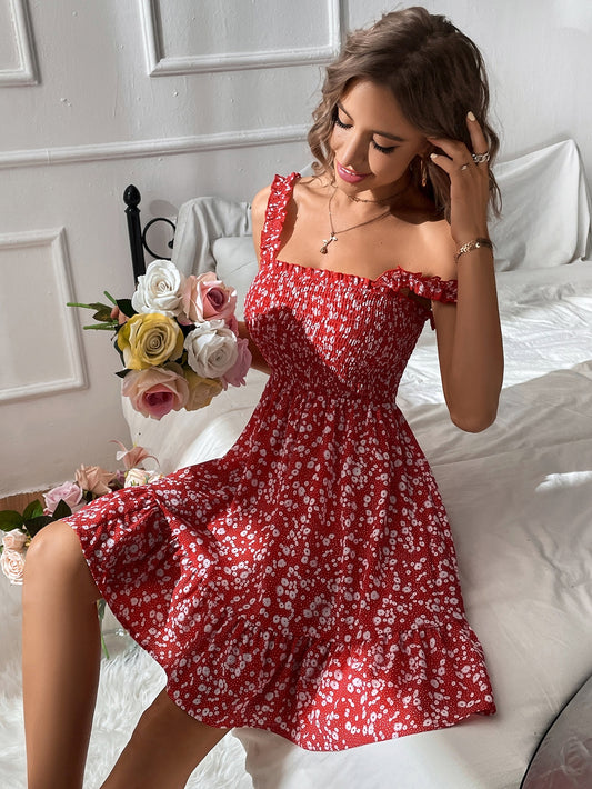 Ditsy Floral Print Shirred Frill Trim Cami Dress