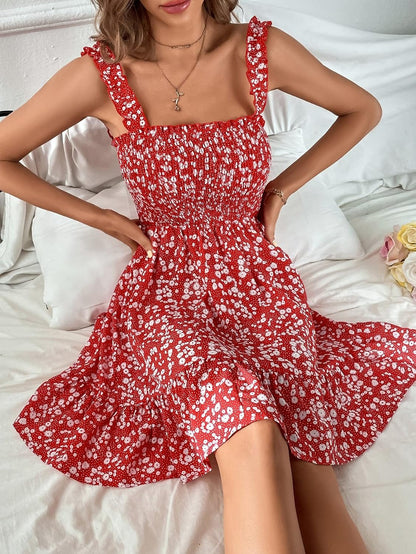 WEDDLE Redtiereddress Ditsy Floral Print Shirred Frill Trim Cami Dress