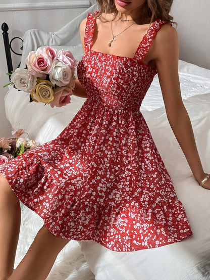 WEDDLE Redtiereddress Ditsy Floral Print Shirred Frill Trim Cami Dress