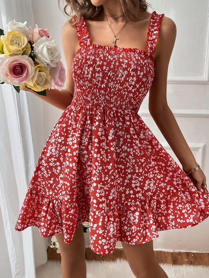WEDDLE Redtiereddress Ditsy Floral Print Shirred Frill Trim Cami Dress