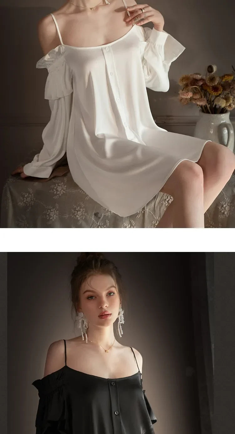 Women's Satin Pajamas Long Sleeve Sexy Boyfriend Style Pajama Dress