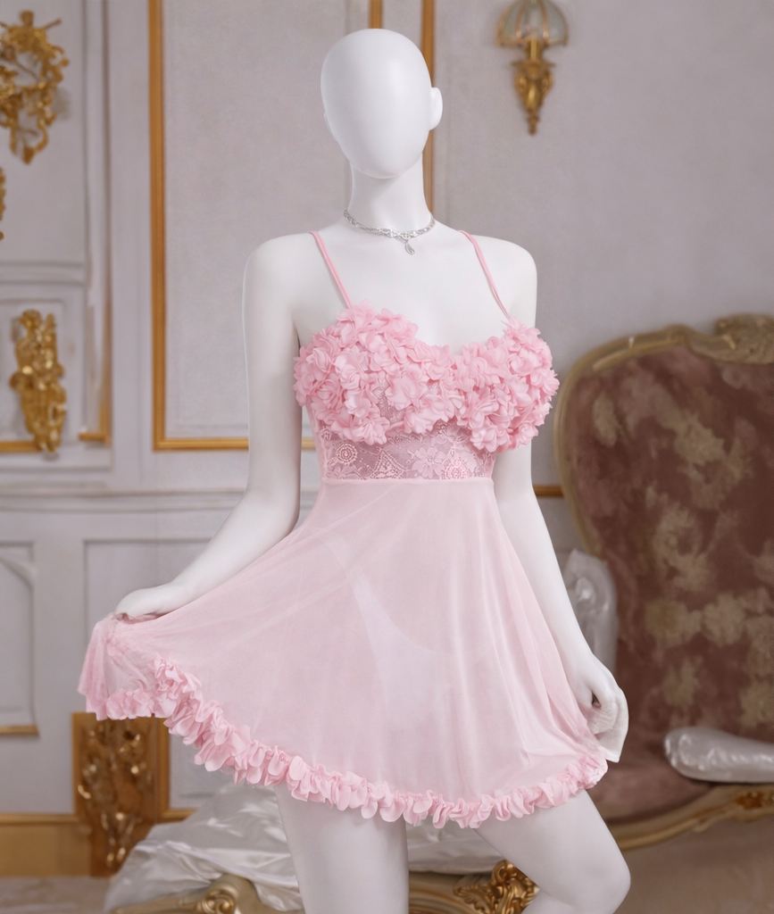 Crystal Vow Women's 3d Flower Design Lace Perspective Cami Dress Bridal Lingerie