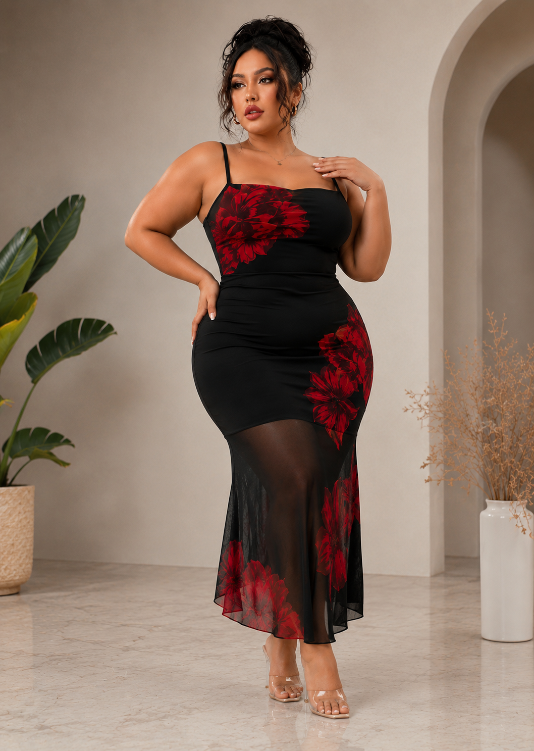 Curvy Black Floral Bodycon Midi Dress