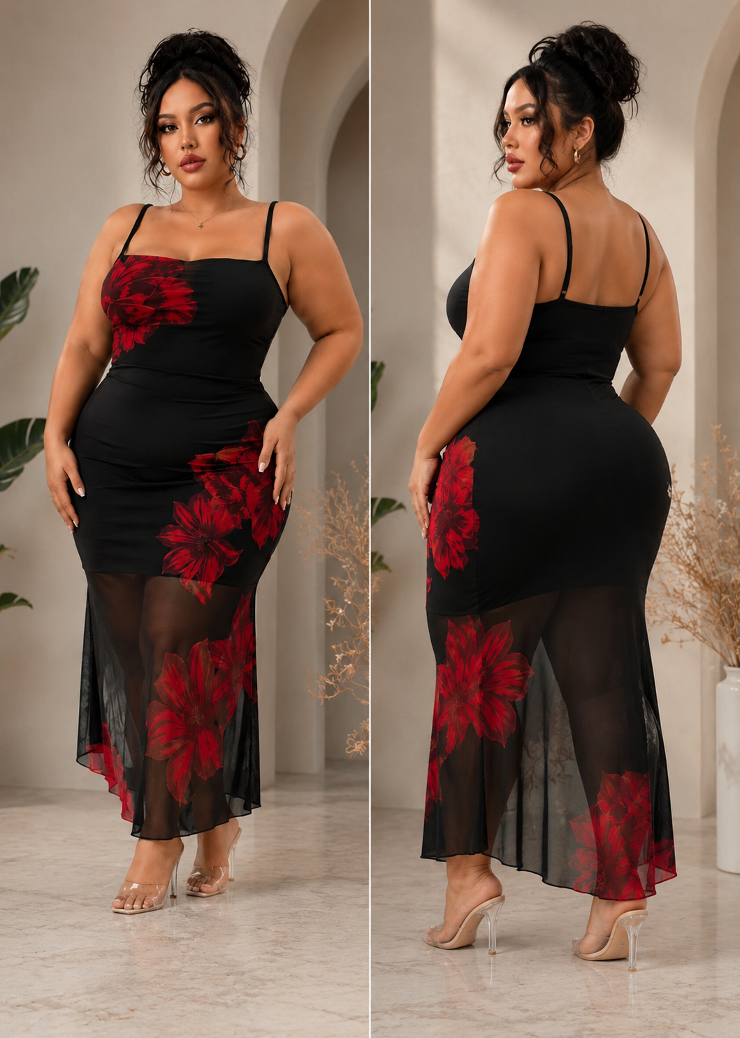 Curvy Black Floral Bodycon Midi Dress