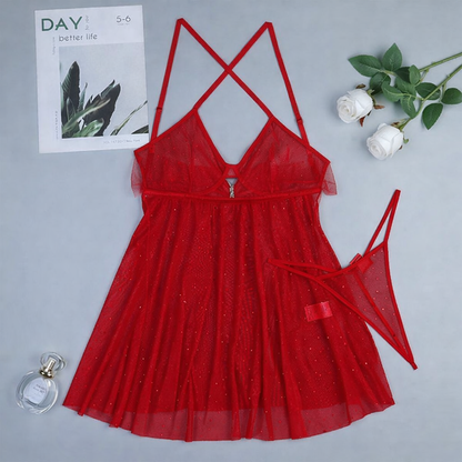 Elastic Mesh Polka Dot SequPerspective Suspender Skirt Tied With Bow Sexy Lingerie