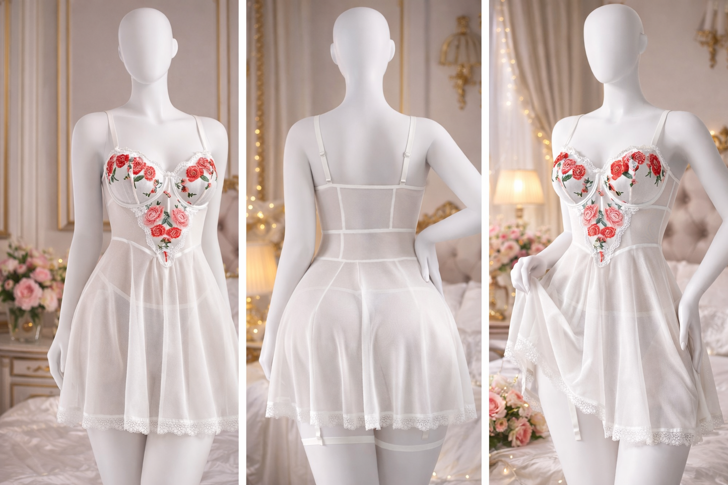 Embroidery Bridal Nighties Elegant Girl Dress Lace Floral Decoration Lingerie