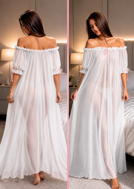Sexy Women's Attractive Sheer Mesh Off-Shoulder Ruffle Hem Long Nightgown Pajama