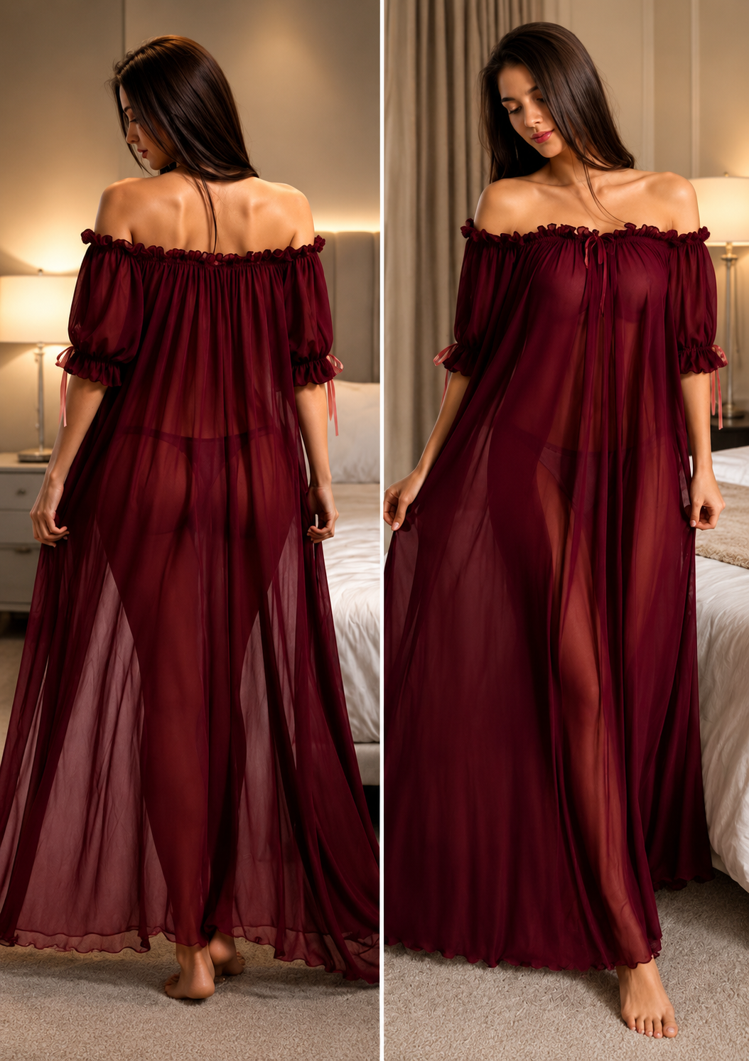 Off-Shoulder Mesh Long Nightgown