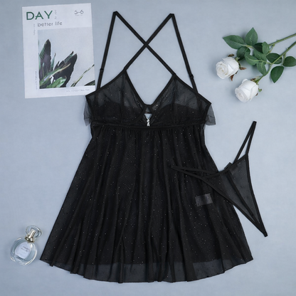 Elastic Mesh Polka Dot SequPerspective Suspender Skirt Tied With Bow Sexy Lingerie