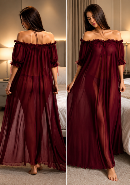 Sexy Women's Attractive Sheer Mesh Off-Shoulder Ruffle Hem Long Nightgown Pajama