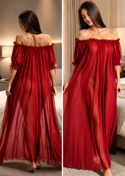 Sexy Women's Attractive Sheer Mesh Off-Shoulder Ruffle Hem Long Nightgown Pajama