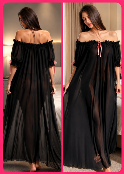 Sexy Women's Attractive Sheer Mesh Off-Shoulder Ruffle Hem Long Nightgown Pajama