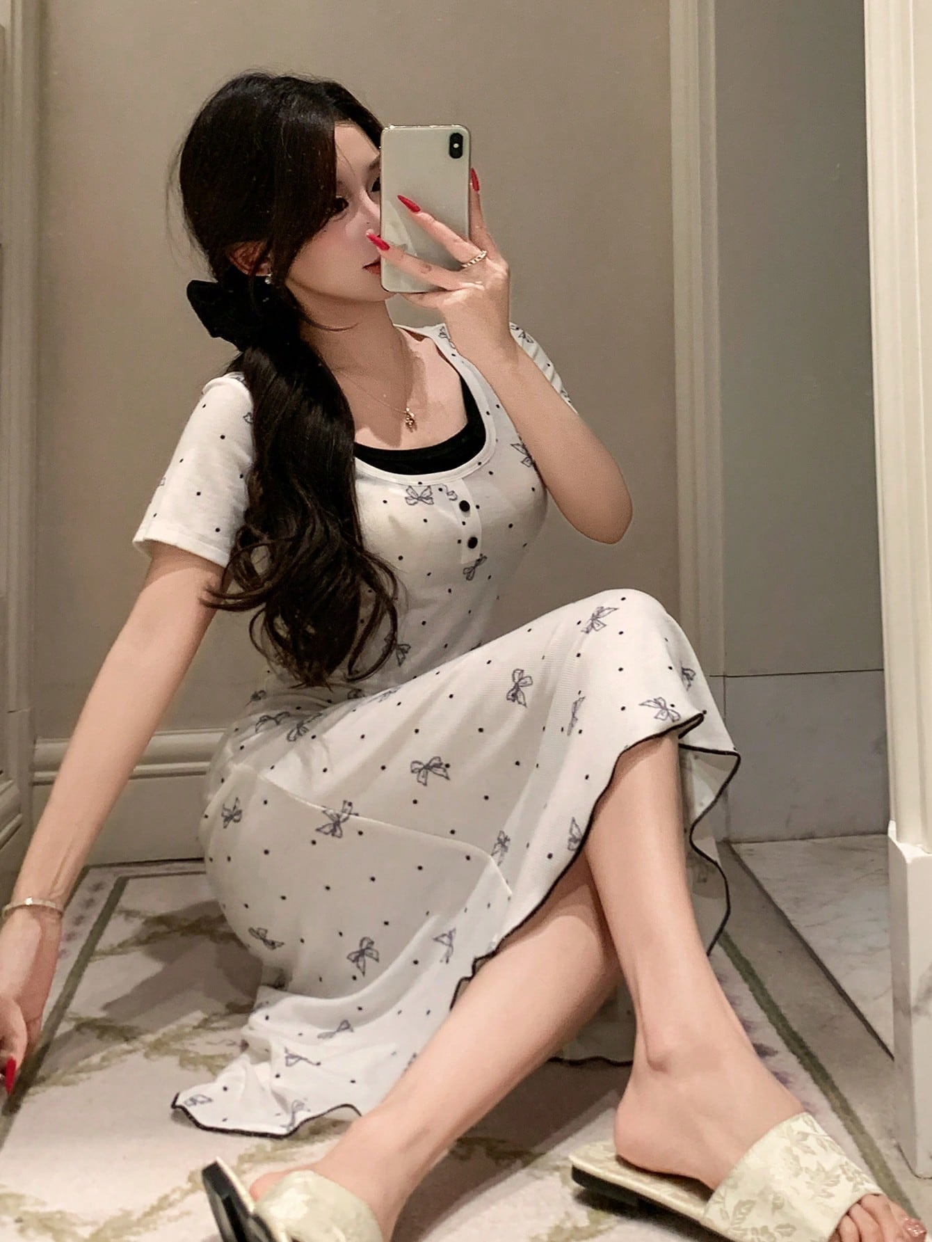 DAZY Polka Dot Bow Tie 2 In 1 Cinched Waist Women Nightgown