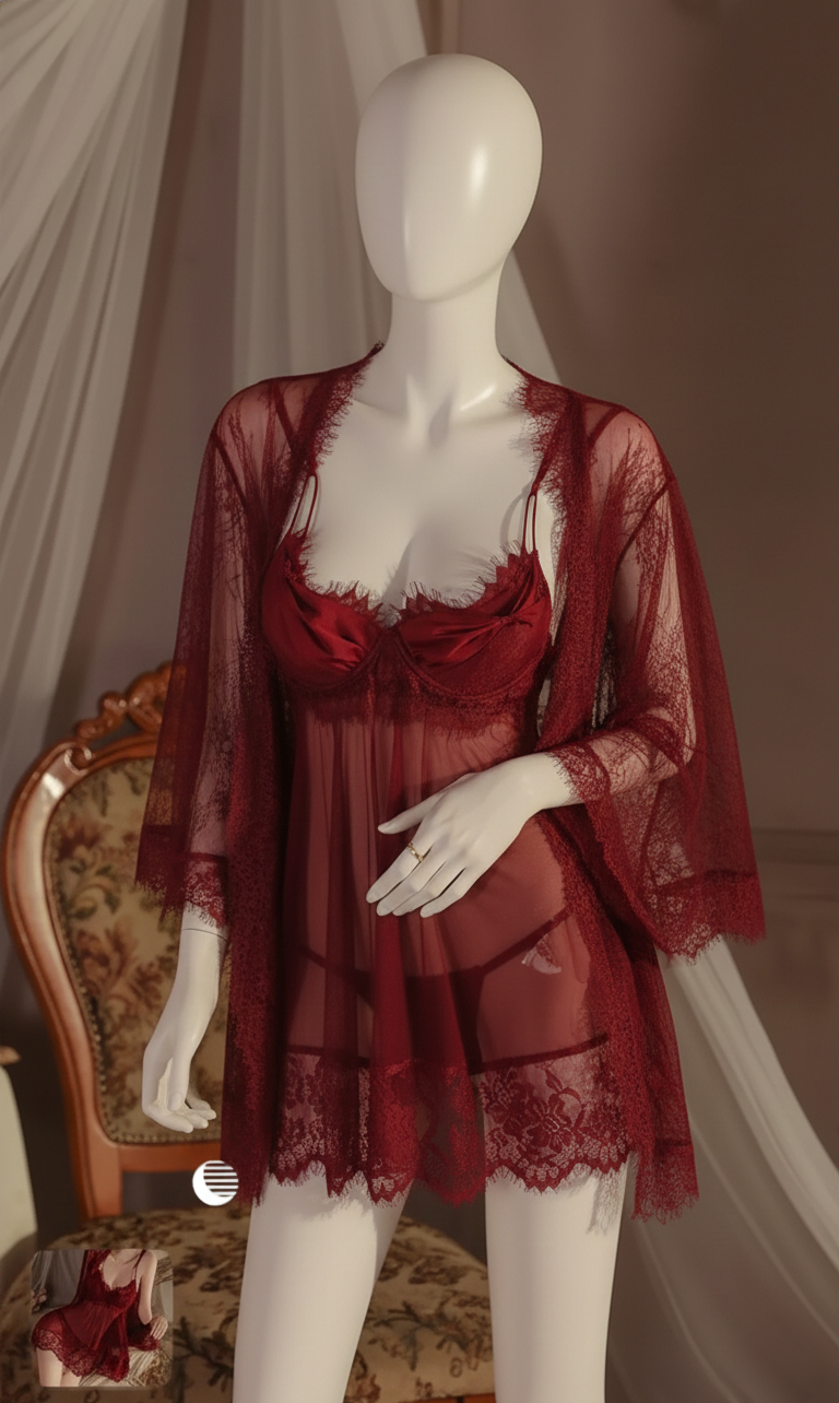 Contrast Eyelash Lace Trim Sheer Mesh Night Robe طقم قطعتين تول شفاف