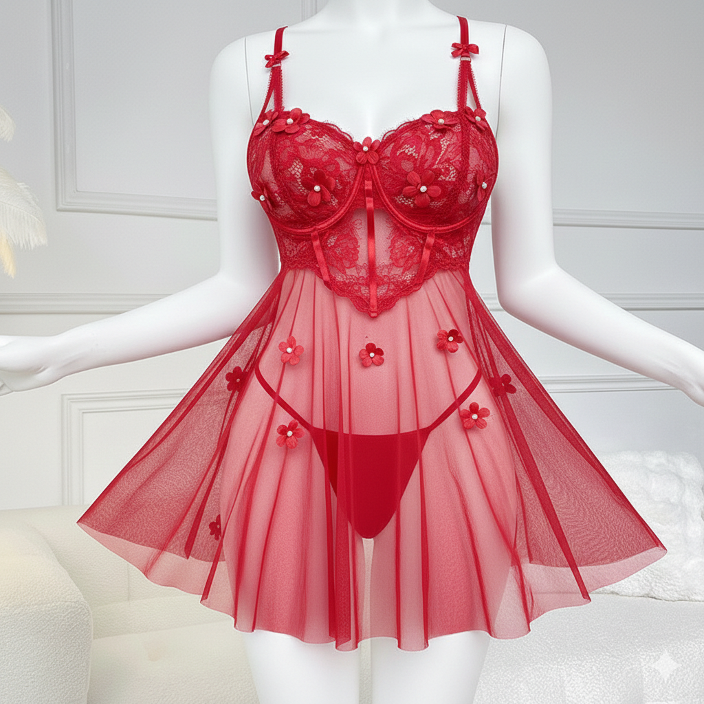 Cotton Mesh Lace Chemise Set