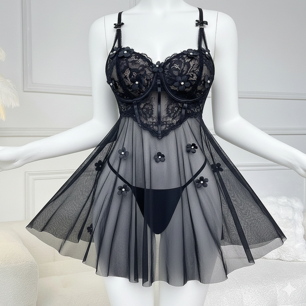 Cotton Mesh Lace Chemise Set