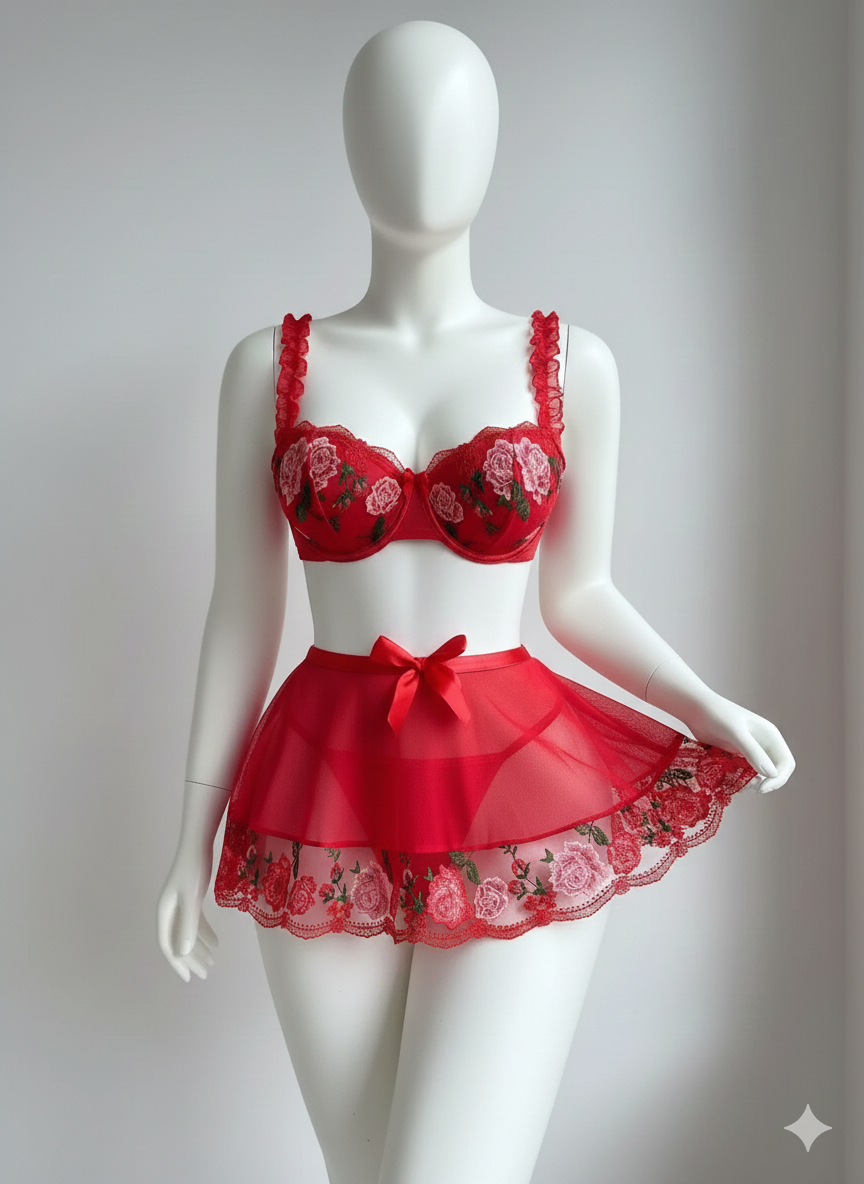 High Quality Red Embroidered Flower Sheer Bra Dress Thong Women Erotic Sexy Lingerie Set
