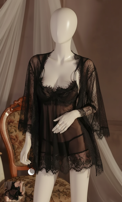 Contrast Eyelash Lace Trim Sheer Mesh Night Robe طقم قطعتين تول شفاف