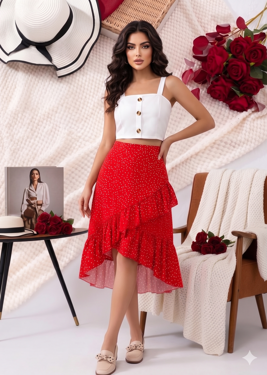 Casual Polka Dot Printed Spaghetti Strap Top With Shirred Style Skirt Set