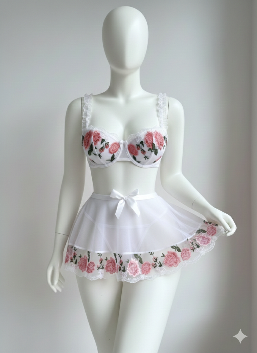 High Quality Red Embroidered Flower Sheer Bra Dress Thong Women Erotic Sexy Lingerie Set