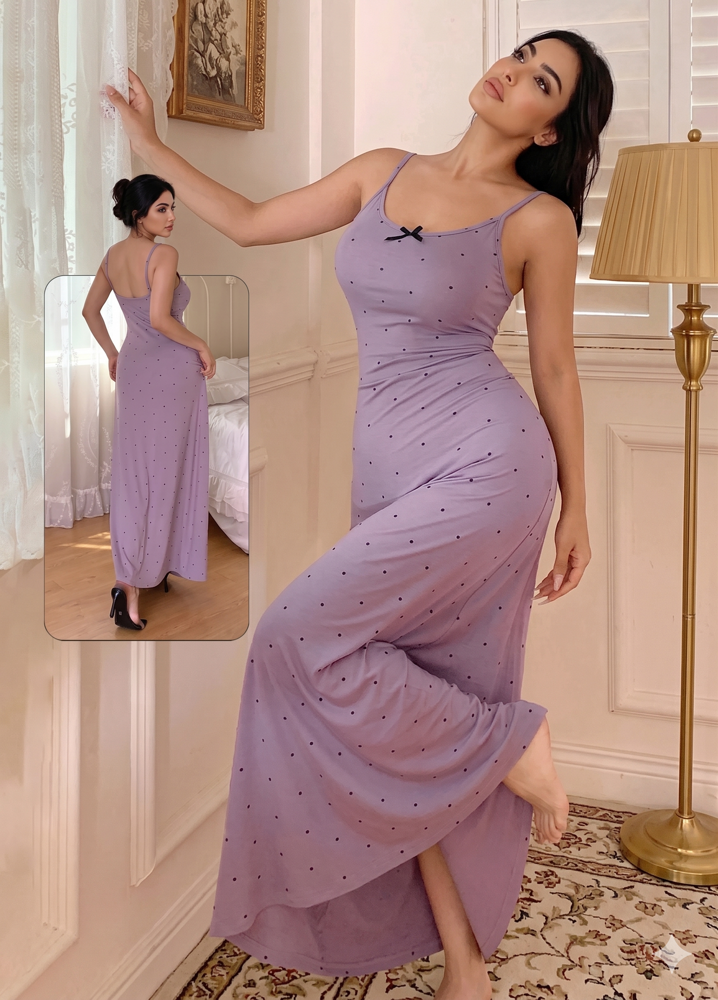 Gathered Waist Polka Dot Print Bowknot Trim Nightdress For Women
