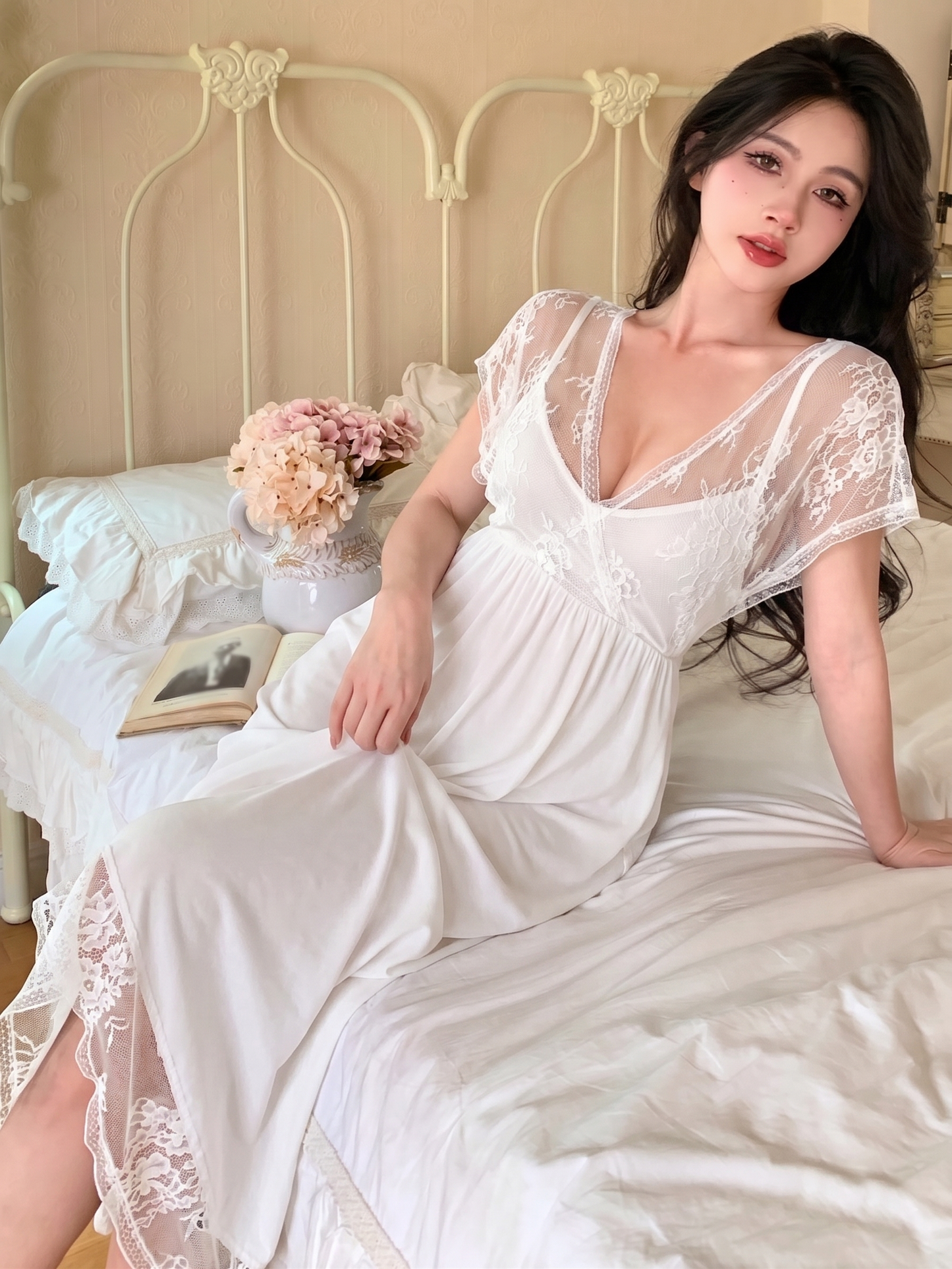 Women's Lace Patchwork Sheer Cami Nightdress Summer Pajama