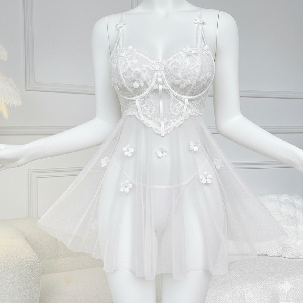 Cotton Mesh Lace Chemise Set