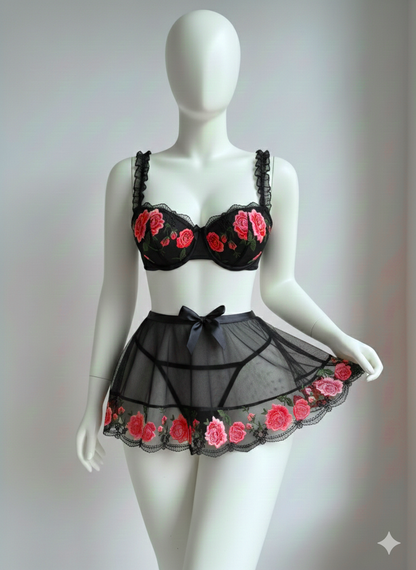 High Quality Red Embroidered Flower Sheer Bra Dress Thong Women Erotic Sexy Lingerie Set