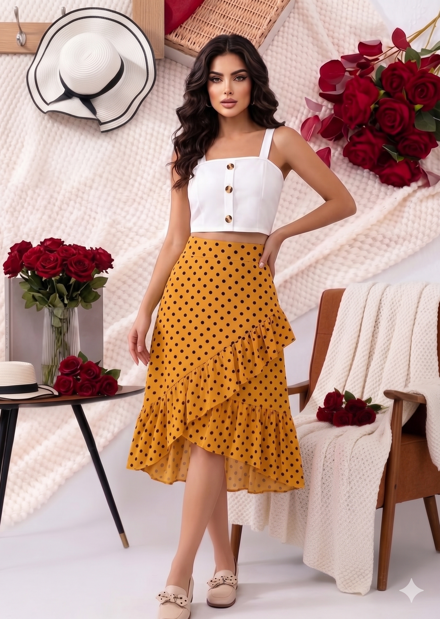 Casual Polka Dot Printed Spaghetti Strap Top With Shirred Style Skirt Set