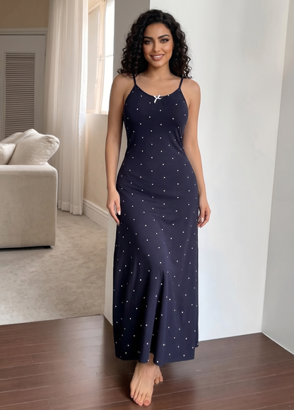 Gathered Waist Polka Dot Print Bowknot Trim Nightdress For Women