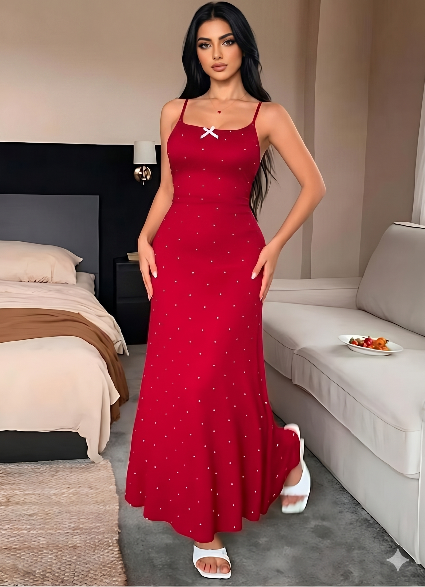 Gathered Waist Polka Dot Print Bowknot Trim Nightdress For Women