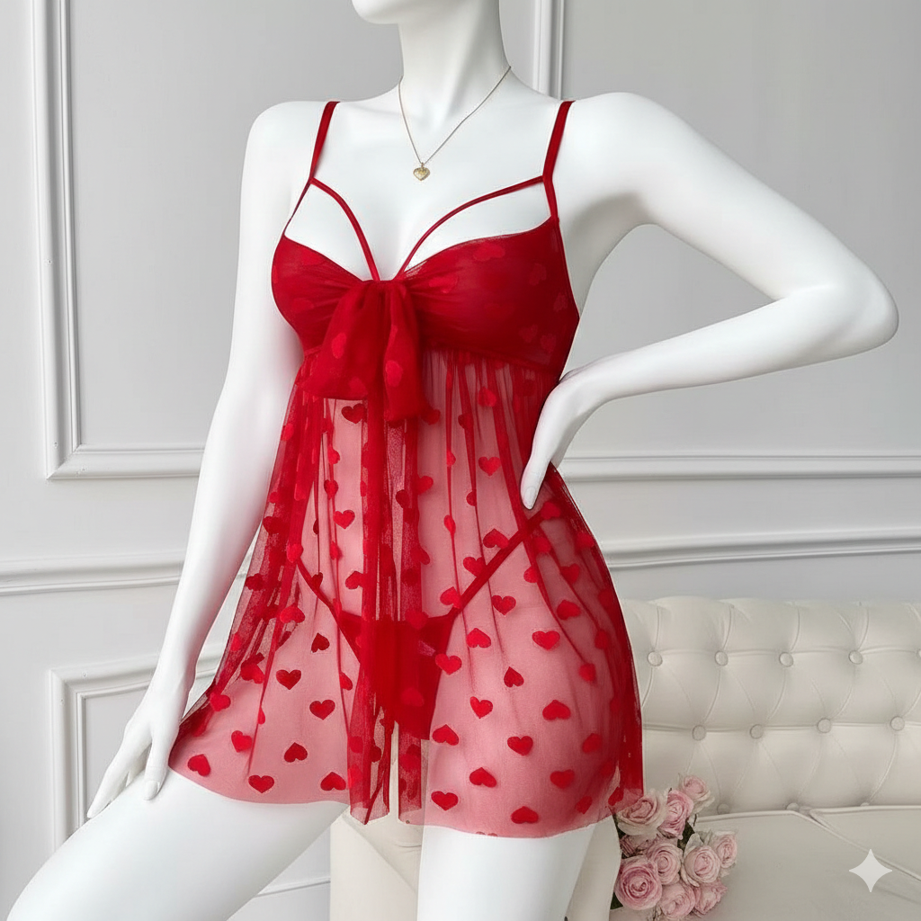 Sexy Open Bust Heart Mesh Irregular Hem Backless Valentine's Day Halter Set