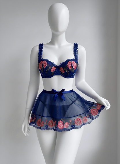 High Quality Red Embroidered Flower Sheer Bra Dress Thong Women Erotic Sexy Lingerie Set