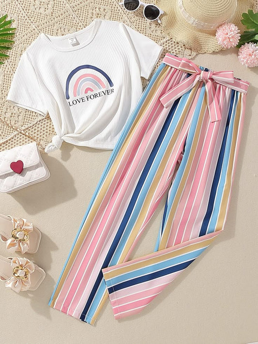 Girls Rainbow & Letter Graphic Tee & Block Striped Belted Trousers