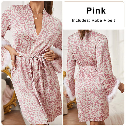 طقم ساتان مستورد قطعتين  Feather Cuffs Long Sleeve Robes Sexy Leopard Print Sleepwear Pink Silk Stain Sweet Night Wear