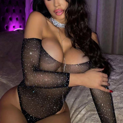 Sexy One-Piece Lingerie Bodysuit Women Bodystocking Perspective Rhinestone Fishnet Transparent Open Sexy Erotic Lingerie Set