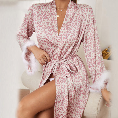 طقم ساتان مستورد قطعتين  Feather Cuffs Long Sleeve Robes Sexy Leopard Print Sleepwear Pink Silk Stain Sweet Night Wear