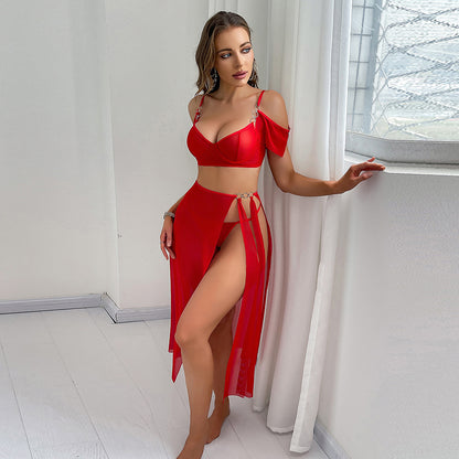 Luxury Sheer Mesh Long Dresses Lingerie Set توب مع سكيرت تول