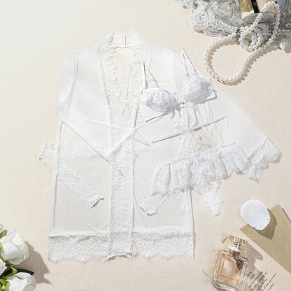 High Quality Lightweight Lace Embroidery Perspective Hollow Out Seduction Underwear Three Piece Set