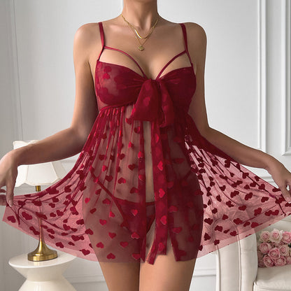 Sexy Open Bust Heart Mesh Irregular Hem Backless Valentine's Day Halter Set
