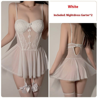 Sexy Lingerie Push-up Plus Breast Pads Deep V See Through Mesh Lace Suspender Nightgown