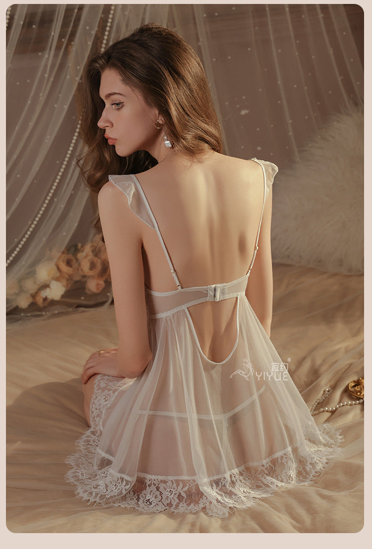Contrast Eyelash Lace Trim Sheer Mesh Night Robe طقم قطعتين تول شفاف