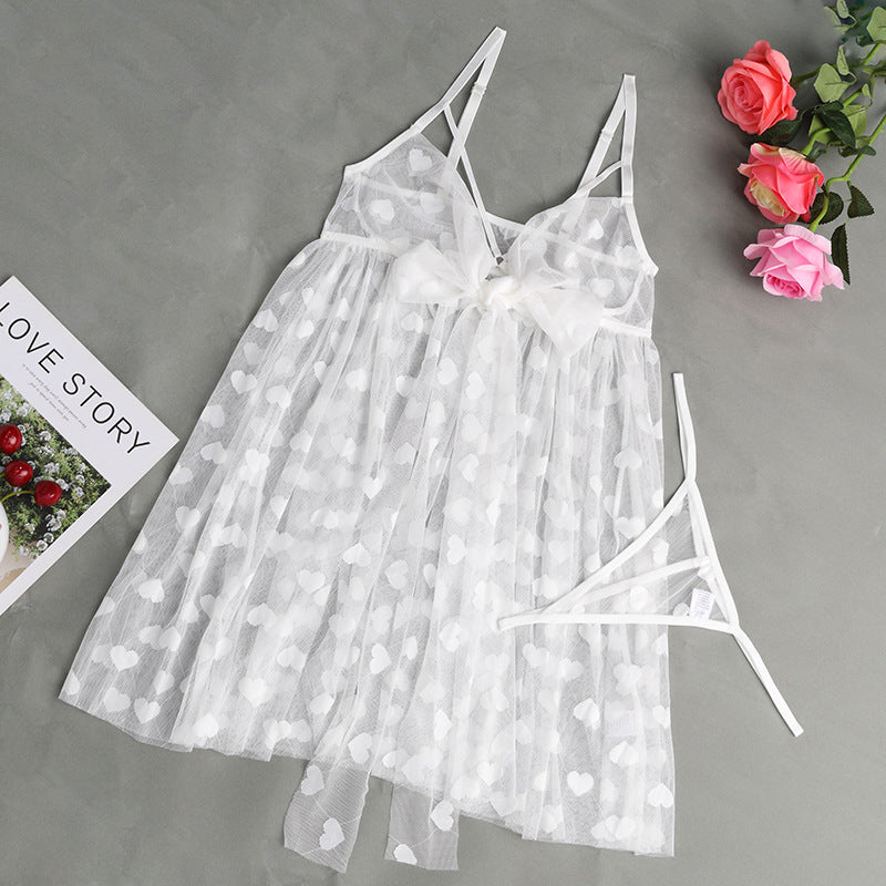 Sexy Open Bust Heart Mesh Irregular Hem Backless Valentine's Day Halter Set