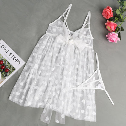 Sexy Open Bust Heart Mesh Irregular Hem Backless Valentine's Day Halter Set