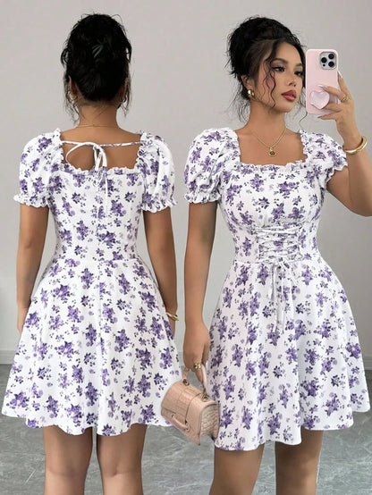 Rafferiza Women's Ditsy Floral Square Collar Puff Sleeve Waist Drawstring Ruffle Hem Midi Dress