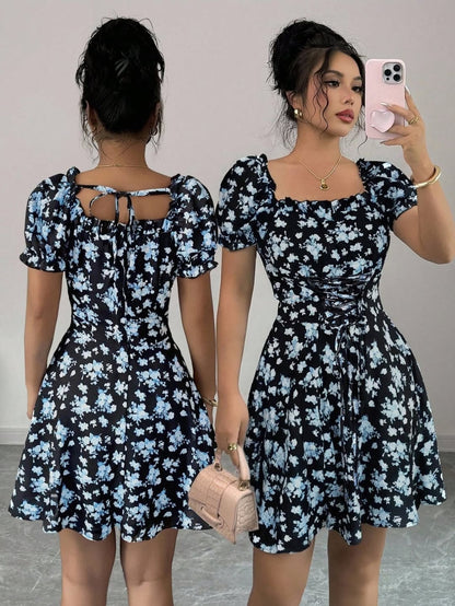 Rafferiza Women's Ditsy Floral Square Collar Puff Sleeve Waist Drawstring Ruffle Hem Midi Dress