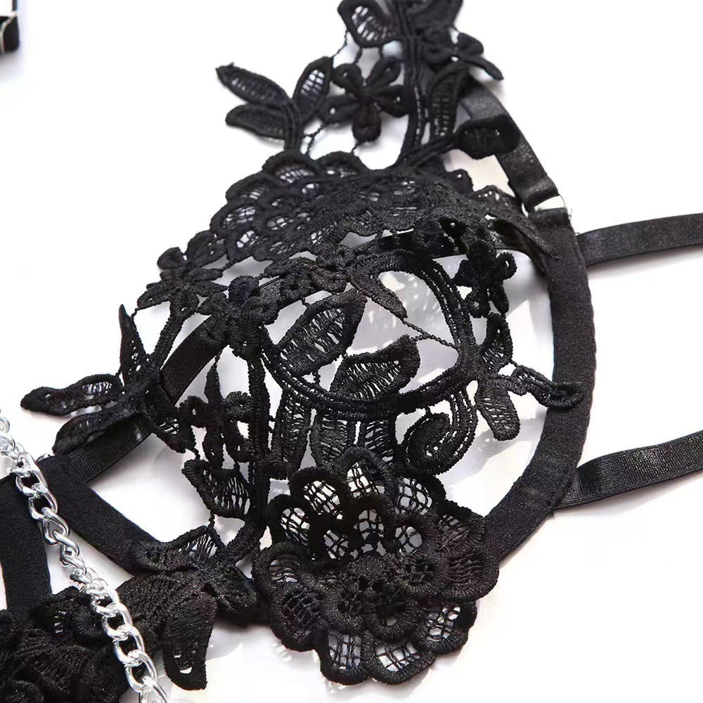 Punk-Style Metal Chain Embroidered Three-Piece Seductive Lingerie Set